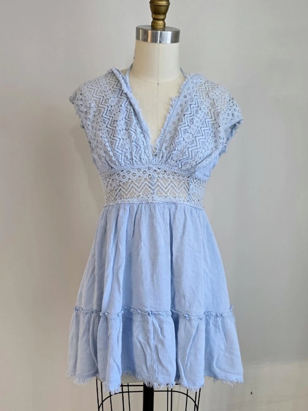 Bohemian style blue lace mini dress